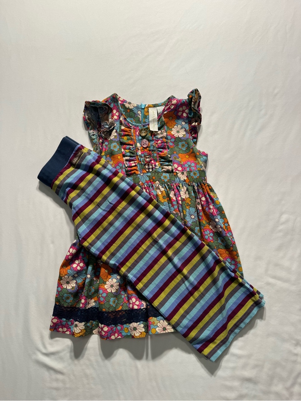 Matilda Jane Girls Floral Teal Pink Navy Dress with Striped Leggings